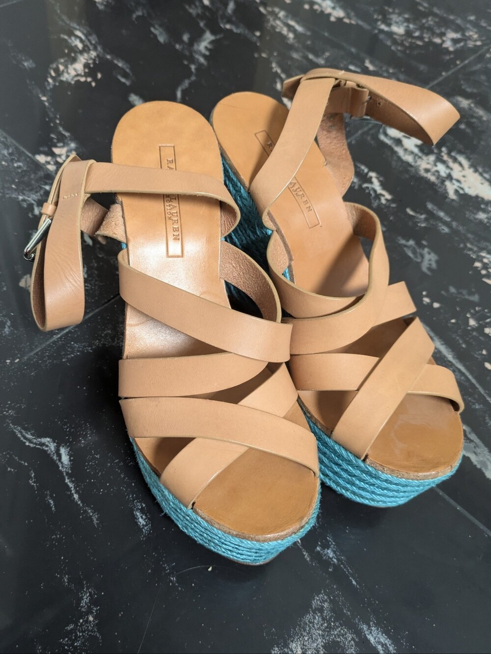 Ralph Lauren Collection Teal Platform Espadrille Wedges Size 9